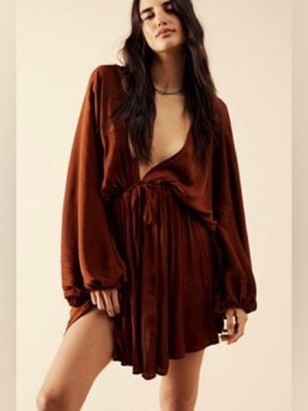 Free People Deep Rust Brown Long Sleeve Tie-Front Mini Dress